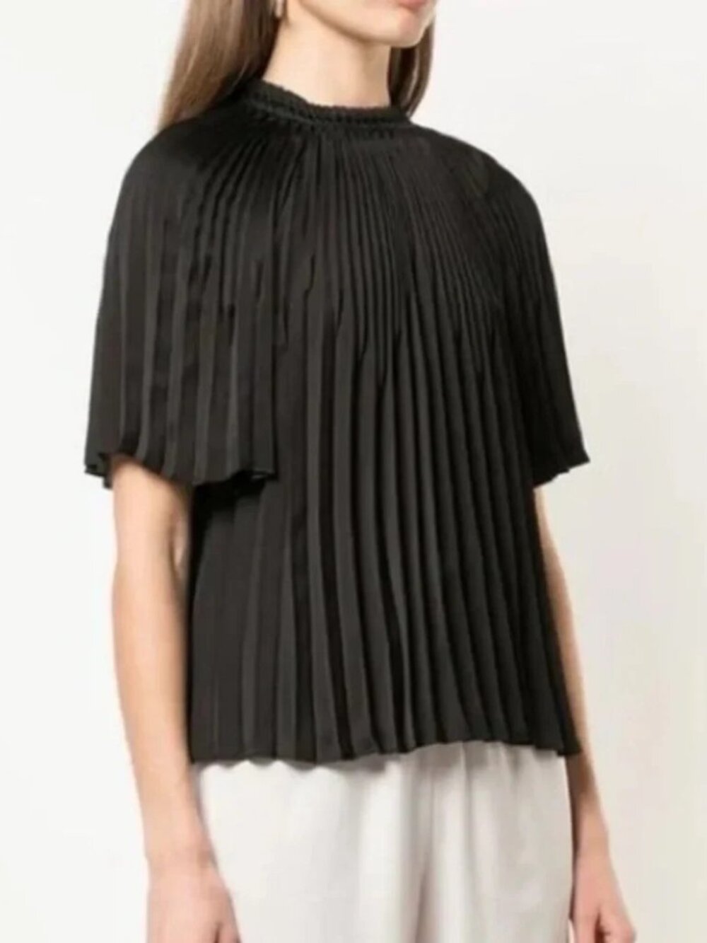 Vince Women's Smocked Short Sleeve High Neck Pleated Black Blouse Size L
